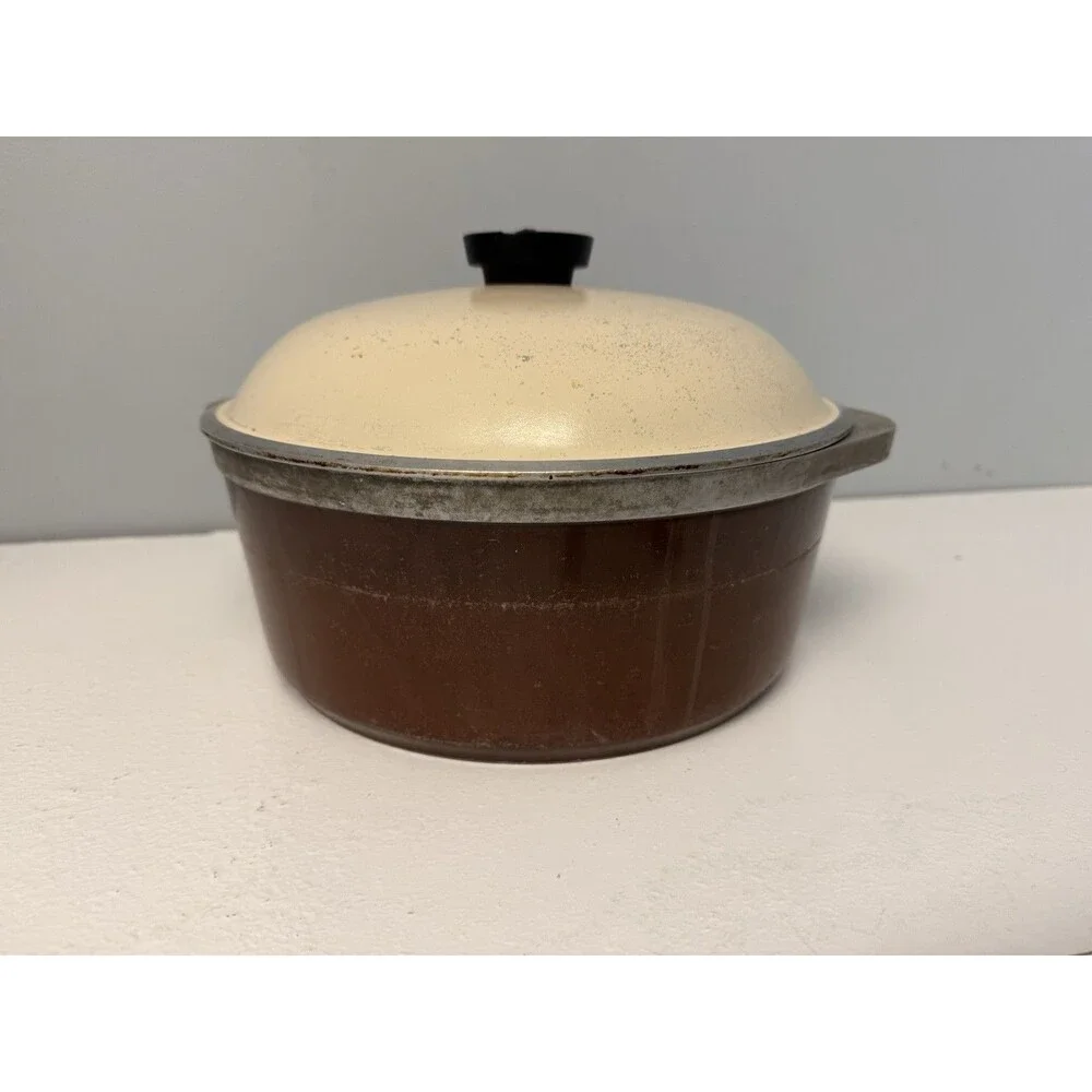 Vintage Club Aluminum Dutch Oven Stock Pot Brown Ivory Lid Self Basting ~10